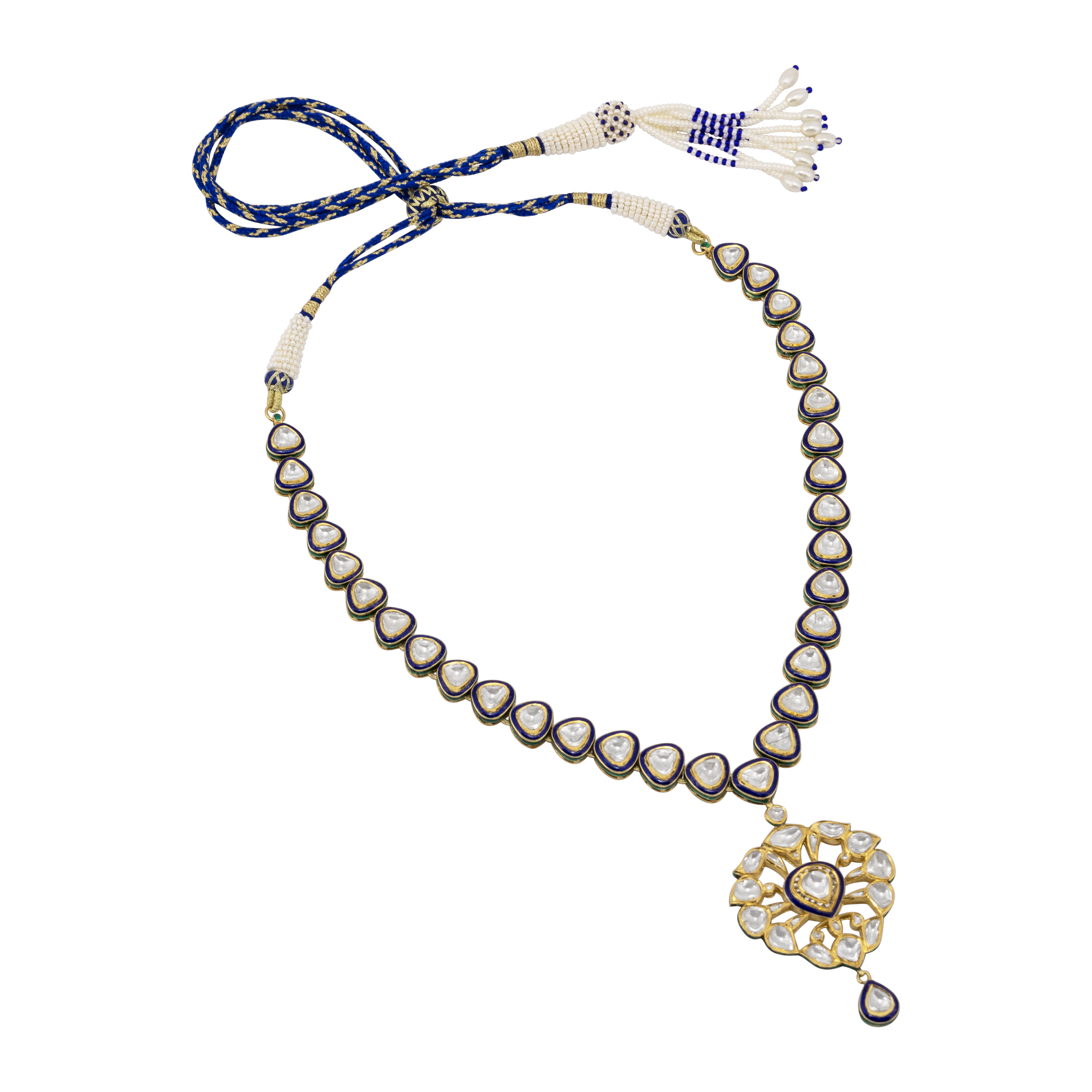 Polki Diamond Necklace with Blue Enamel and Pendant